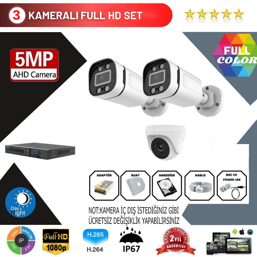 3 Kameralı 5MP Kurulum Dahil